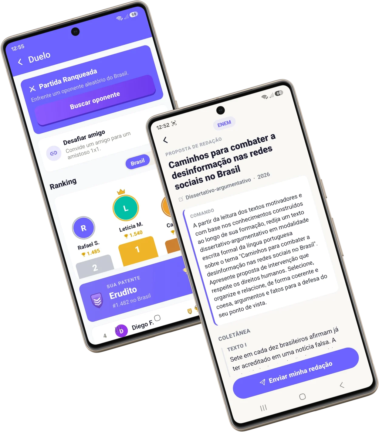 Telas do app: tela de Duelo com ranking e patente, e proposta de redação do ENEM.