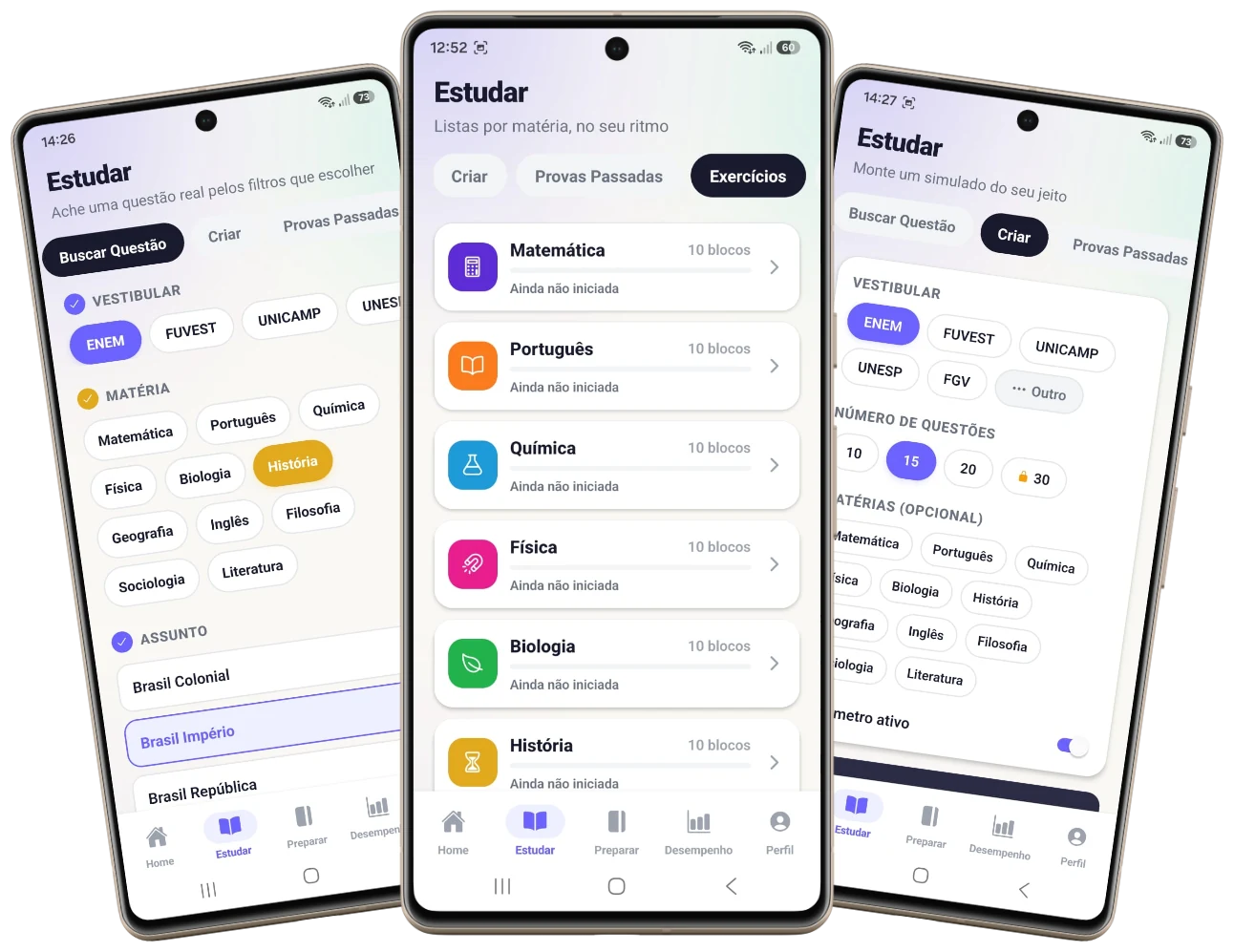 Três telas do app: buscar questão por assunto, listas de exercícios por matéria e montagem de simulado.